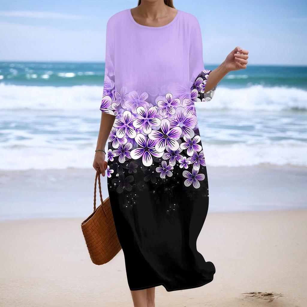 Женское модное платье свободного кроя с принтом, круглым вырезом и рукавом три четверти