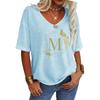 Women Fashion V Neck Tee Shirt Summer Casual Short Sleeve Top Loose Letter Print T-shirt