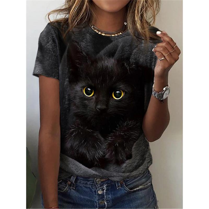 Милая футболка с рисунком собаки и кошки для женщин Футболки с 3D-принтом в виде животных Летние свободные футболки с короткими рукавами и круглым вырезом Топы в уличном стиле