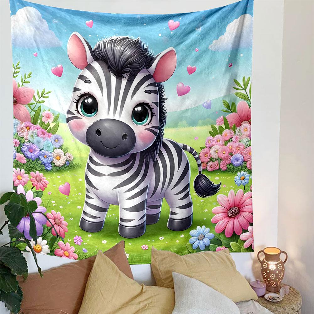 Cute Zebra in Floral Meadow Patterned Tapestry Decorative Wall Hanging, Home Bedroom Living Room Decor