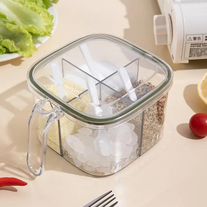 Kitchen Seasoning Box 4Grids Sealed Clear Lid Home Salt Storage Container Spice Can Chili Powder Jar Sugar Bowl Pepper Condiment