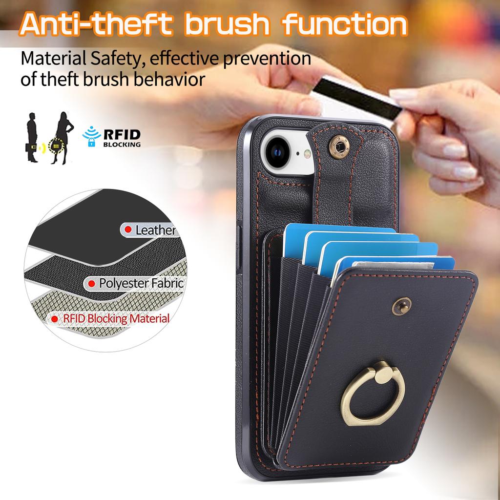 For iPhone 16e Case Card Holder Ring Kickstand TPU+PU Leather Phone Cover with Long Strap