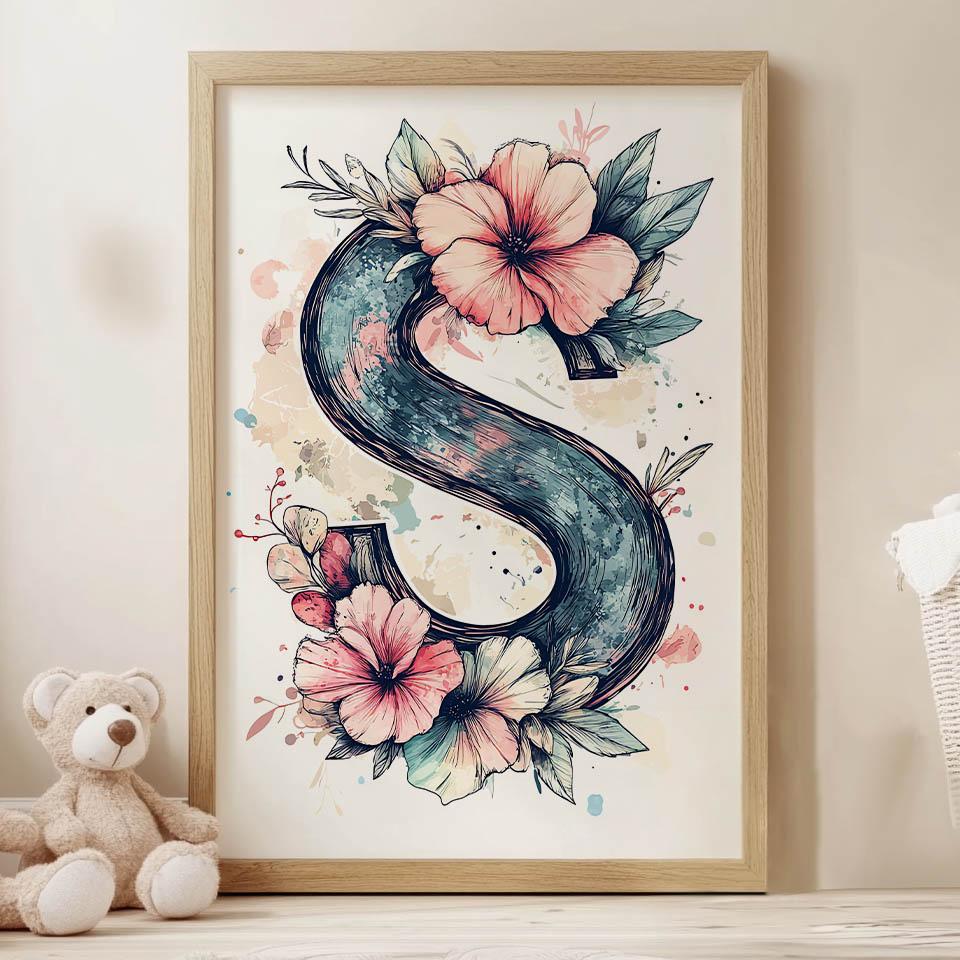 Plakat Z Literą S Wśród Kolorowych Kwiatów Plakat Z Literą S Wśród Kolorowych Kwiatów, 50X70 Cm, Rama Drewniana Jasny Dąb, Papier Matowy 230 Gsm