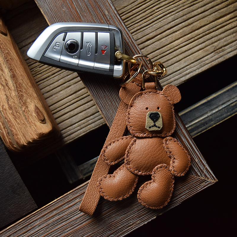 Original Design Teddy Puppet Bear Leather Car Key Bag Pendant Handmade Custom Gift Women's Keychain