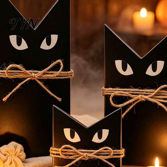 Photography Prop 3 Pcs Halloween Black Cat Wooden Block Sign, Vintage Table Decoration Decorative Wood Cutout with Burlap Rope, Rustic Farmhouse