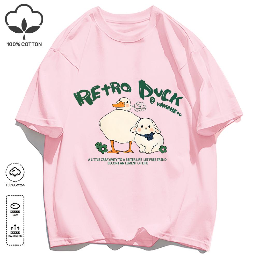 Retro Duck And His Friend Rabbit Unisex T Shirts Casual Fashion Streetwear Cotton Summer Retro Tee Unisex Comfortable Clothing