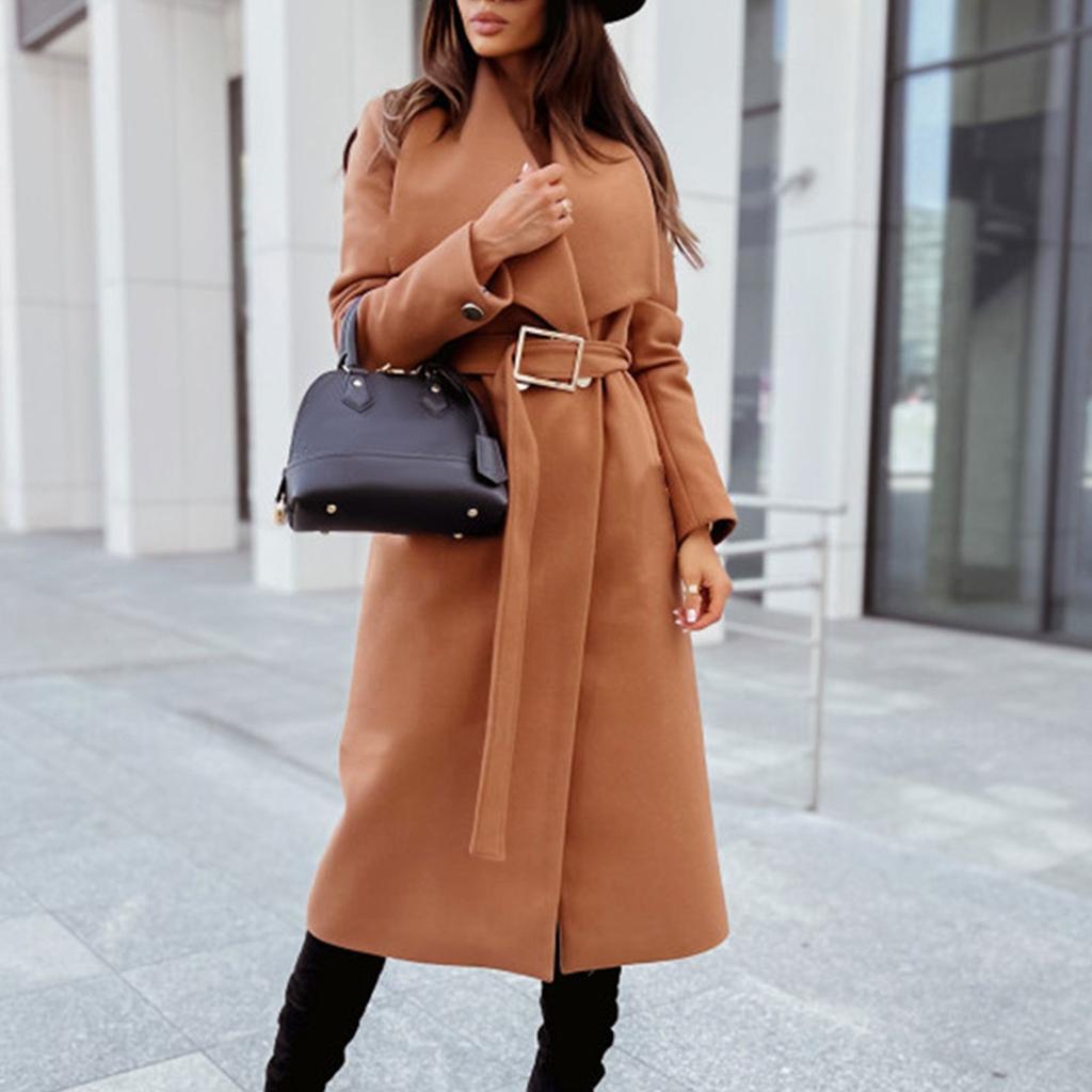 Women's Winter Long Sleeve Lapel Pocket Casual Coat Belt Woolen Coat