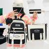 Middle School Boys and Girls School Bags Fashion Canvas Color Blocked Primary Student Backpack 5 Pcs Set Satchel with Tutoring Bag