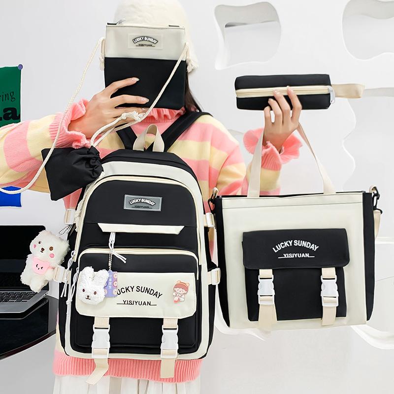Middle School Boys and Girls School Bags Fashion Canvas Color Blocked Primary Student Backpack 5 Pcs Set Satchel with Tutoring Bag