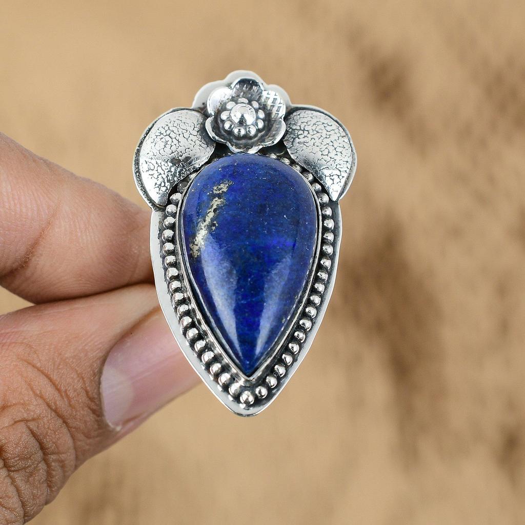 925 Sterling Silver Natural Lapis Lazuli Art Deco Promise Flower Ring Jewelry