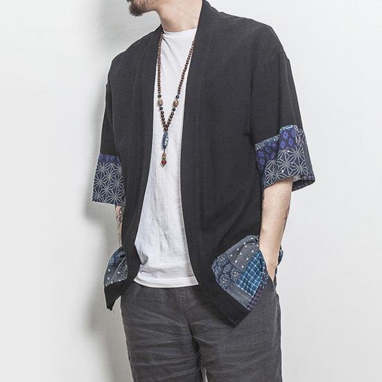 Мужской лоскутный кардиган с ретро-принтом, пальто, пончо с рукавами 3/4 и открытой передней частью, верхняя одежда, тонкий кардиган Hanfu