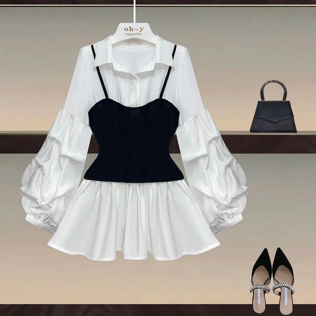 Casual and Elegant Waist Slimming Lantern Sleeve Splicing Fake Two-piece Shirt Top Lapel Matching Patchwork Shirt Fake Blouse