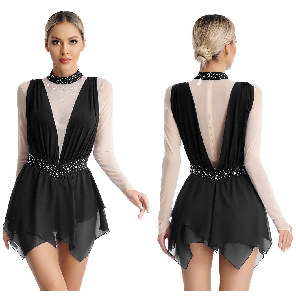 Шифоновое платье с длинными рукавами для фигурного катания, костюм для выступлений с воротником-стойкой, тюлевая юбка, купальник, современная танцевальная одежда