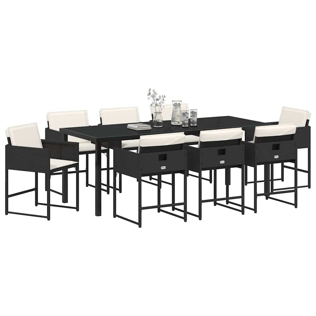 Garden Dining Set with Cushions 9 pcs Black Poly Rattan