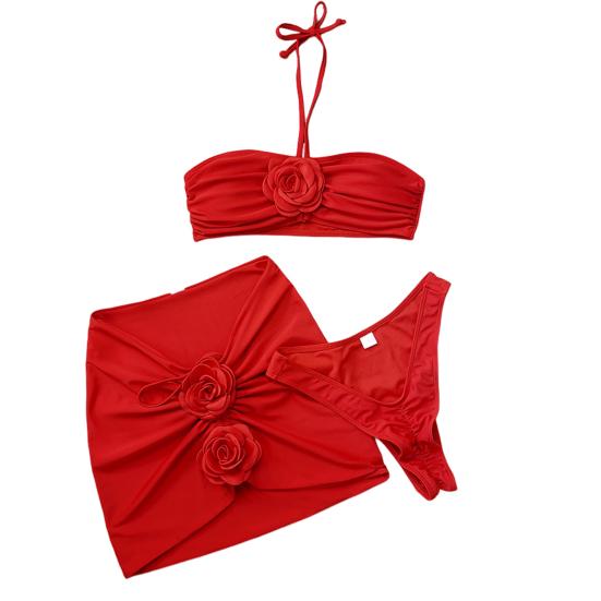 3Pcs/Set Women Summer Bikini Set 3D Rose Flower Decor Halter Bandeau Pleated