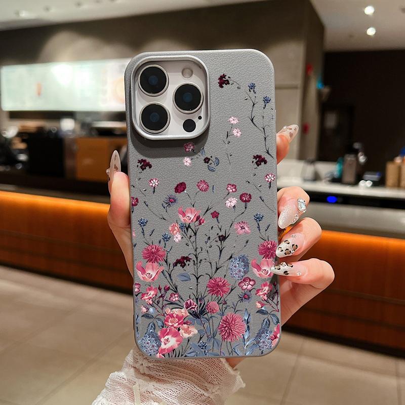 Ударопрочный мягкий чехол из ТПУ с фиолетовым цветочным узором для iPhone 16 Pro 15 14 Plus 13 12 Pro Max 11 с текстурой кожи, однотонный тонкий чехол