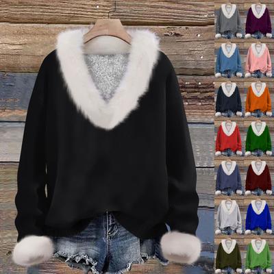 Женская мода повседневный однотонный длинный рукав V-образный вырез пуловер для волос топ