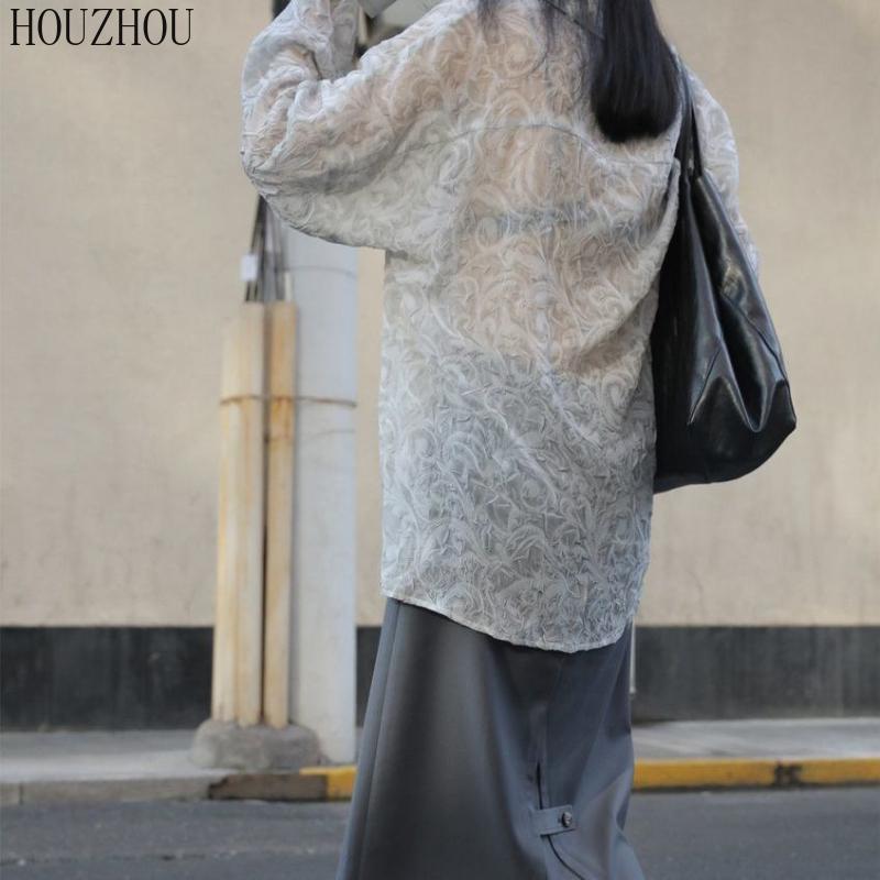 HOUZHOU Рубашка с принтом, женская цветочная весна, черные элегантные и шикарные винтажные свободные топы большого размера с длинными рукавами