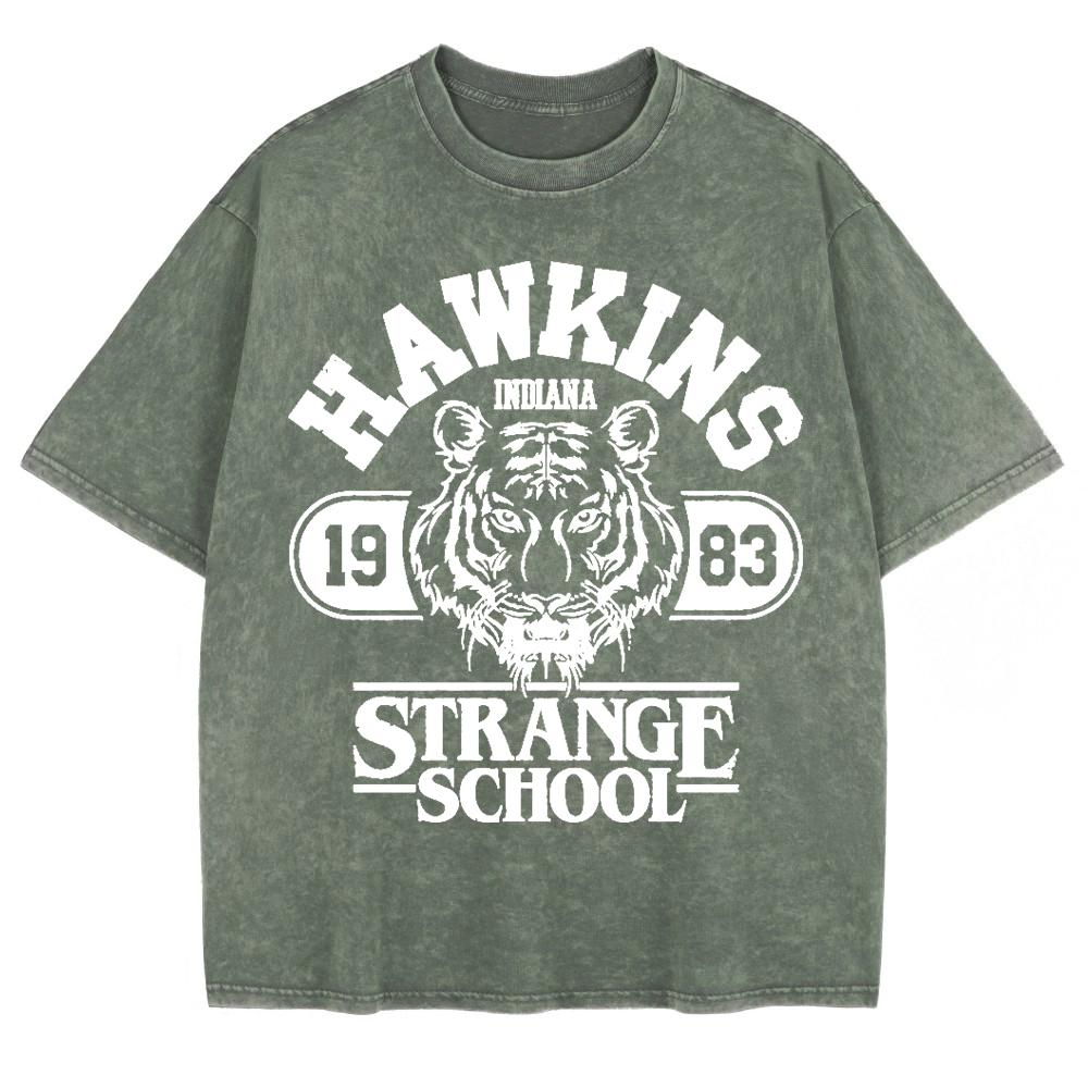 Hawkins Strange School Принты Стиранные Футболки Мужские Хлопковые Топы с Коротким Рукавом Летние Футболки Оверсайз с Круглым Вырезом Одежда