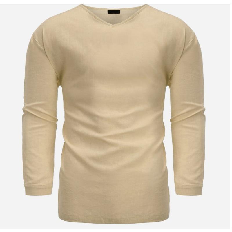 Мужская рубашка свободного кроя из хлопка и льна с длинными рукавами и V-образным вырезом