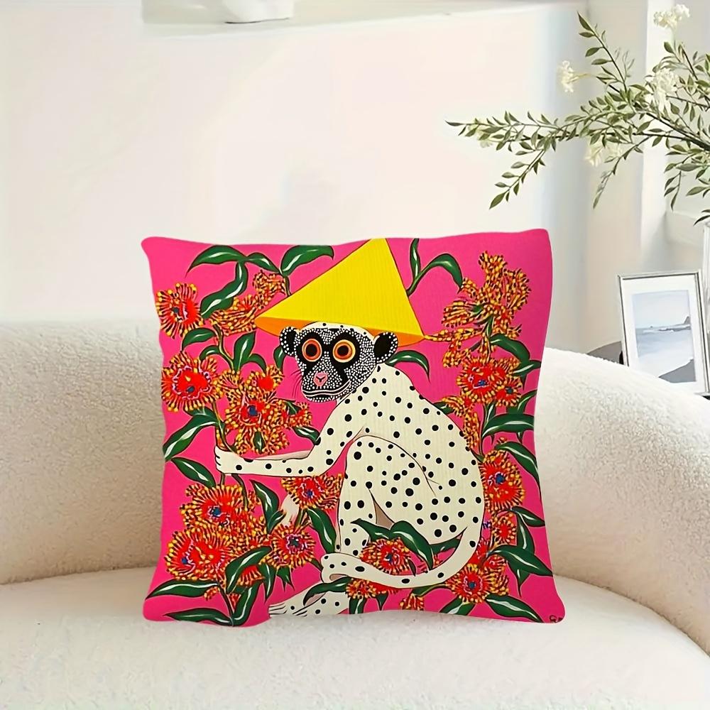 2D flat- Vibrant Polka Dot Monkey Throw Pillow Cover Bohemian Floral Jungle Decorative Cushion Case for Sofa Bedroom Living Room