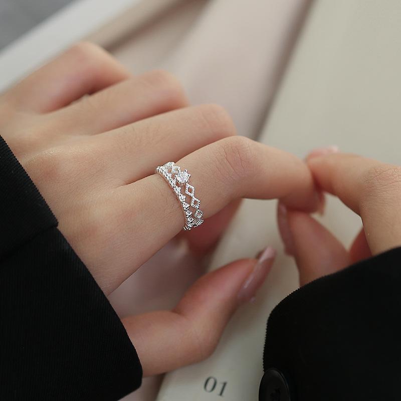 Кольцо-корона с двойным цирконом, женский нишевый дизайн, милое открывающееся регулируемое кольцо, кольцо на указательный палец