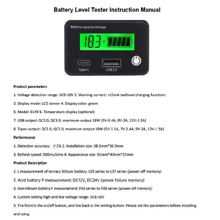 LCD Display Battery Power Monitor with QC3.0 USB Type C Port for Electric Vehicle Solar Car Lithium Lead Acid Batteries
