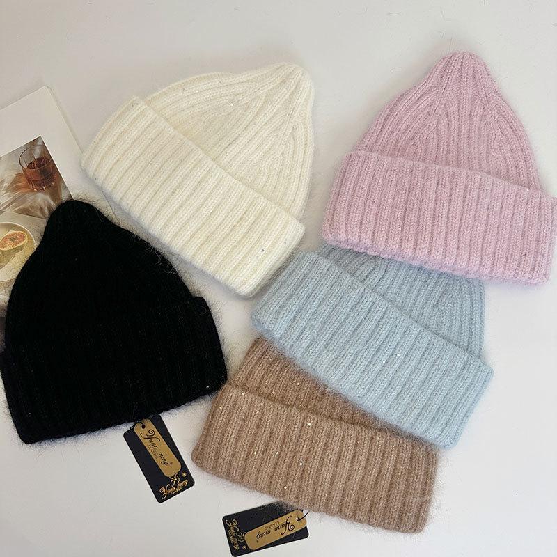 Lazy wind solid color sequined knitted pullover hat female sweet autumn and winter thickened warm wool hat headgear tide