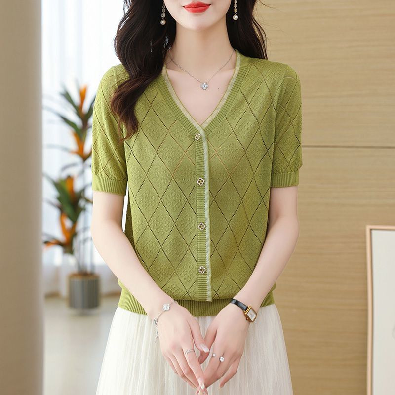 Летняя трикотажная футболка с V-образным вырезом для женщин, вязаный свитер из ледяного шелка, свободный и тонкий короткий топ