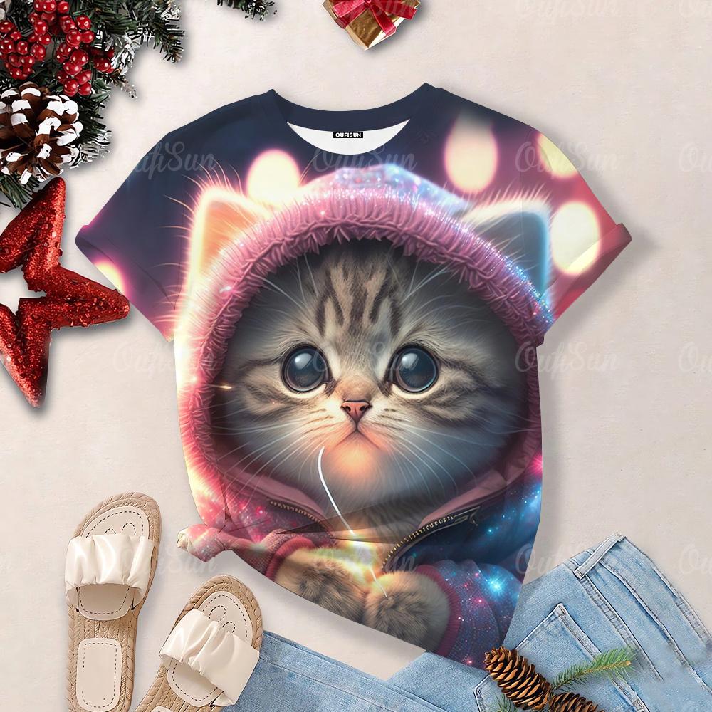 Футболки Overzise для женщин 2024, футболки с круглым вырезом и короткими рукавами с 3d принтом милого кота, топы, кавайные повседневные футболки, эстетические женские топы
