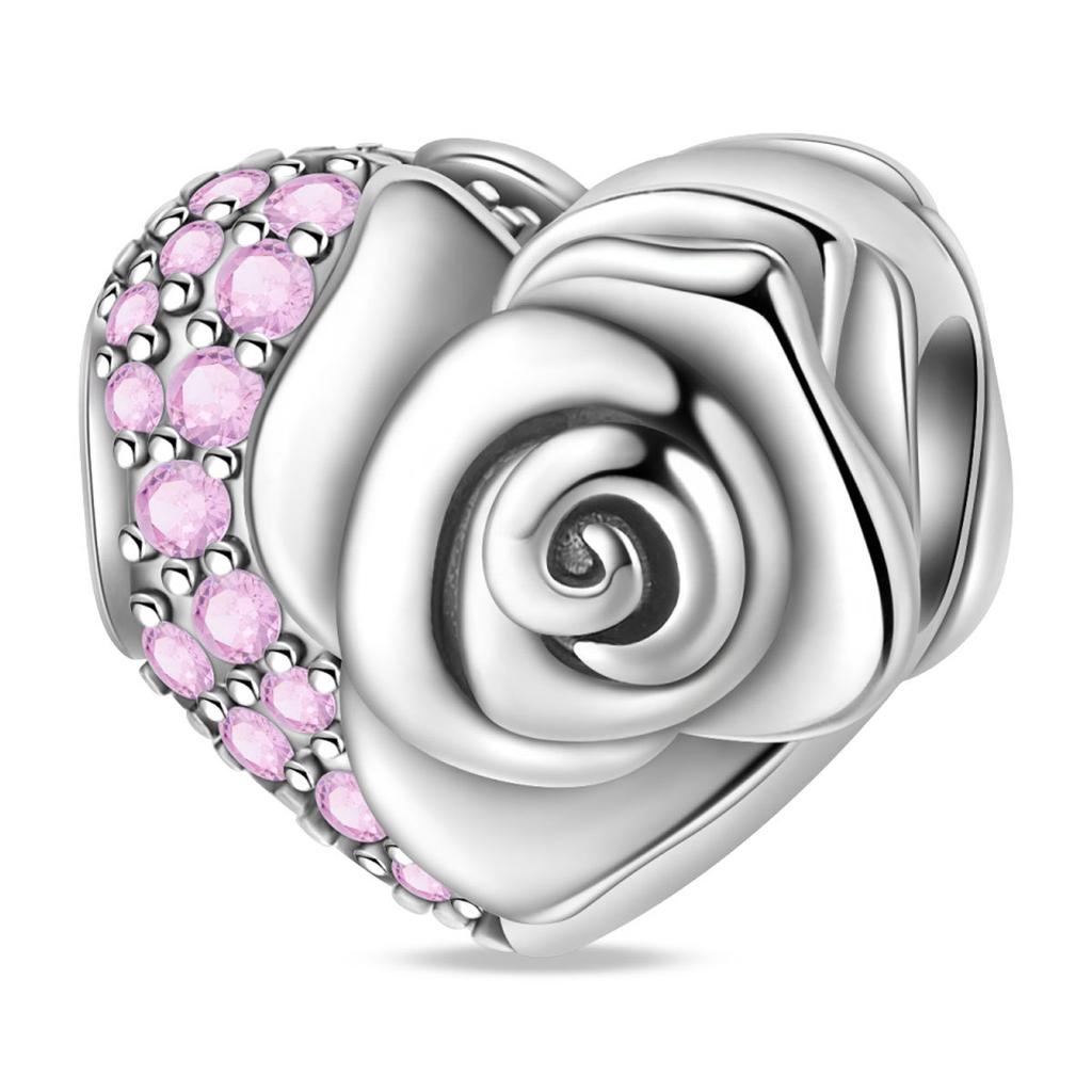 S925 Silver Charm Pendant Beads Romantic Heart Rose Beads DIY Jewelry Bracelet Accessories