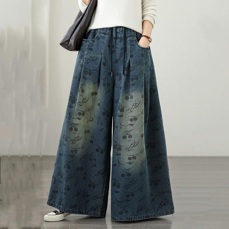 Plus Size Vintage Floral High Waist Casual Loose Women Spring Summer Autumn Jeans Denim Wide Leg Pants