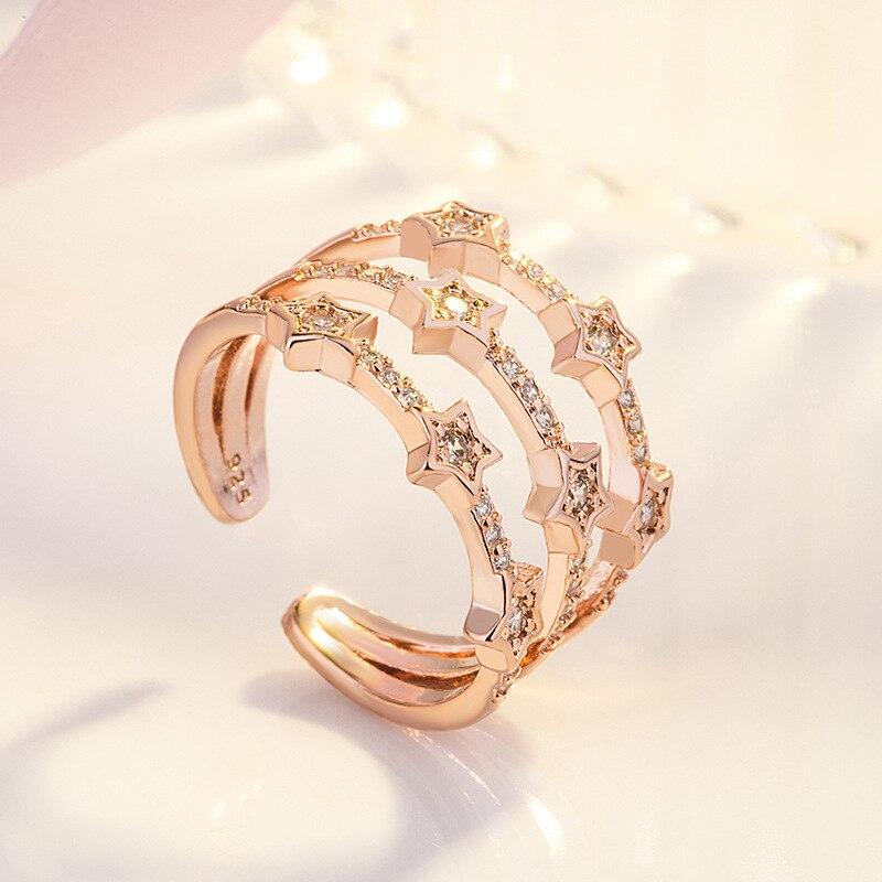 Элегантные многослойные геометрические кольца из стерлингового серебра 925 пробы со сверкающими кристаллами и звездами для женщин, модные украшения для вечеринок S-R176
