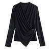 Autumn Long Sleeve Women's Blouse Sexy Cross V-neck Thin Black Female Blouses Spring Casual Office Elegant Lady Top Pullover