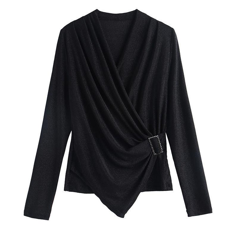 Autumn Long Sleeve Women's Blouse Sexy Cross V-neck Thin Black Female Blouses Spring Casual Office Elegant Lady Top Pullover