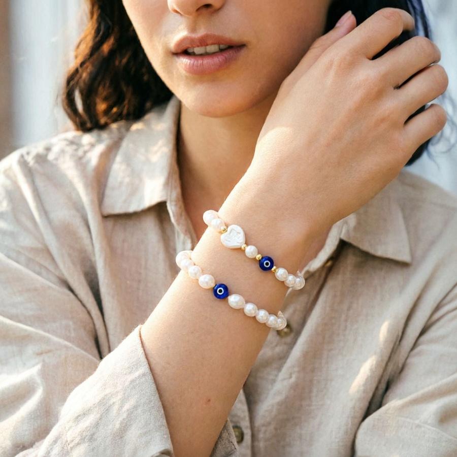 2Pcs Boho Double Layer Pearl Bracelet For Women Evil Eye Heart Charm Elastic Beaded Braclet Minimalist Daily Wear Jewelry Gift