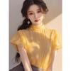 Желтая шифоновая рубашка во французском стиле, женская летняя блузка с коротким рукавом и оборками