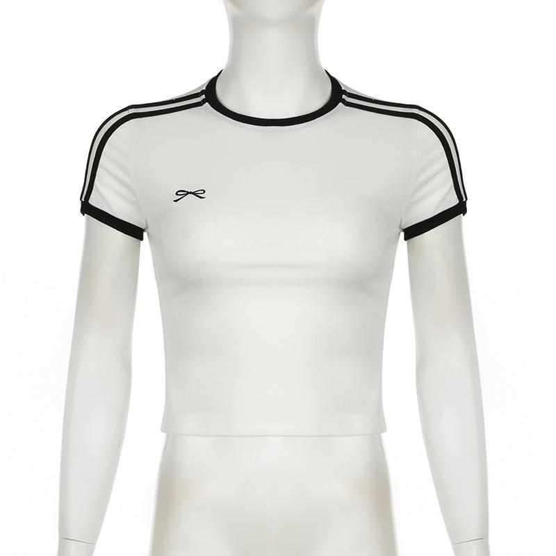 Контрастный вышитый топ-кроп с бантом Женские повседневные футболки с принтом в полоску, с коротким рукавом, облегающие, белые Футболки Повседневная уличная одежда y2k Футболки