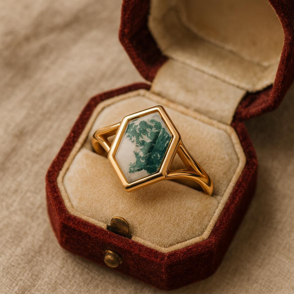 Свадьба Помолвка Юбилей Обещание Подарок – Винтажное кольцо с моховым агатом огранки «шестиугольник», оправа с позолотой из желтого золота, свадебные украшения для женщин