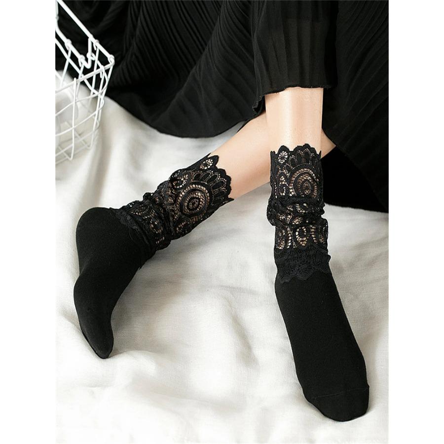 Sexy Lace Floral Mesh Socks Women Black Transparent Short Cotton Sock For Ladies Elastic Retro Cute Socks Female New