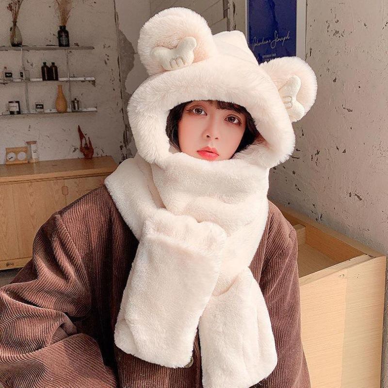 Hat Female Autumn and Winter Warm Knitted Wool Snow Hat Cycling Mother Fashion Ear Protection Headgear Scarf Integrated Hat