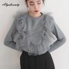 Korean Ulzzang Spring Autumn Women Streetwear Top O Neck White Gray Black Ruffles Patchwork T-Shirt Stylish Feminine Ladies' Tee