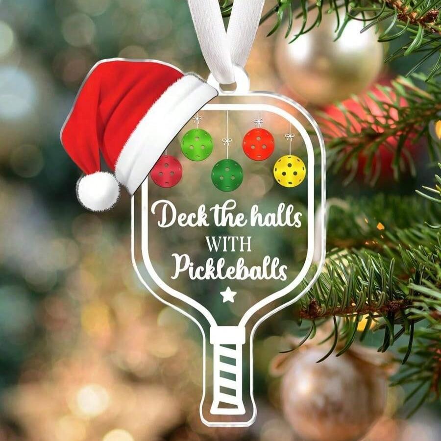 2 шт. Прозрачное акриловое украшение «Deck The Halls with Pickleball», Рождественские подвесные акриловые украшения, Персонализированное рождественское украшение для пиклбола