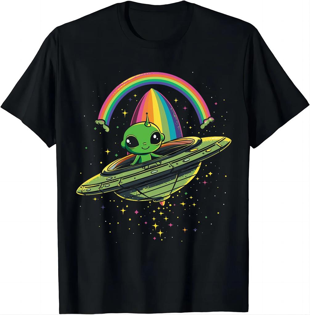 UFO Lovers Tee Green Alien with Rainbow Galaxy Shirts Tops T Shirt for Men Graphic T Shirts Camisetas Streetwear