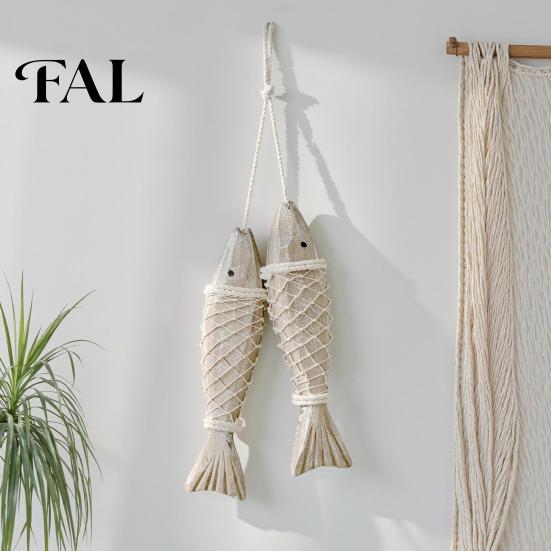 Creative Beach House Decor Rustic Nautical Wooden Fish Decor, Coastal Style Wall Hanging Marine Nursery Ornament with Fishing Net for Lake House,
