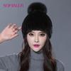Winter Real Mink Fur Hats for Women Fur Cap with Fox Fur Pompom High Quality Female Knitted Beanies