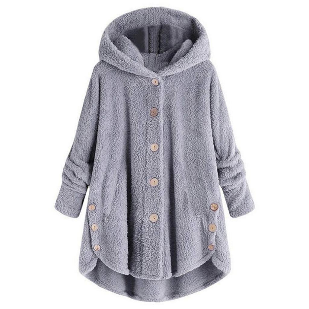 Women Plus Size Button Plush Tops Hooded Loose Cardigan Wool Coat Winter Jacket