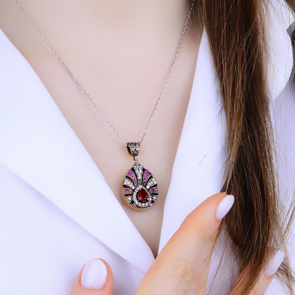 Комплект серебряных украшений Kosem султан, рубиновый камень, османский дизайн, турецкое серебряное ожерелье ручной работы, кольцо и серьги, уникальный женский подарок