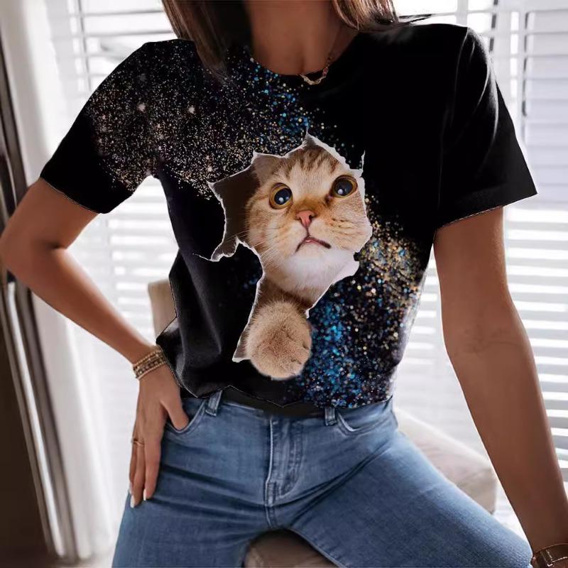 Футболка с принтом Animal Cat Series 3D, летняя, с круглым вырезом, свободная, повседневная, с коротким рукавом, женская