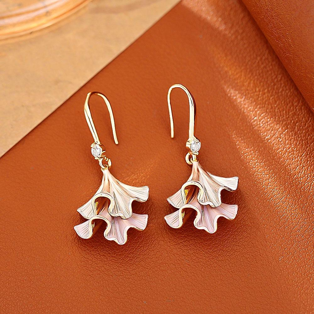 Synthetic Rhinestone Ginkgo Ear Pendant Double-layer Sweet Earrings Jewelry Ginkgo Earrings  Party